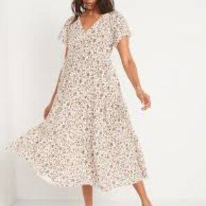 Old Navy Flutter Sleeve Tie Back Maxi Swing Dress Cream and Brown 2X 100% Cotton